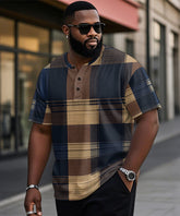 Men's Plus Size Casual Daily Retro Blue Plaid Print Henry Collar Button Short Sleeve T-Shirt